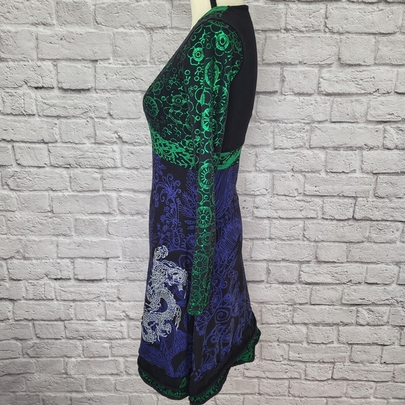 Desigual dress black green blue fit flare long sleeve dragon zebra detail Sz S - Picture 7 of 15